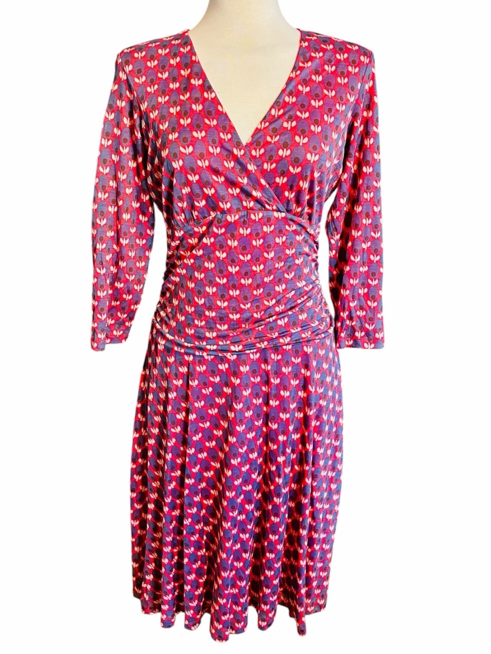 Boden Blue Violet and Red Printed V-Neck Dress Stretch Women's Size 12R